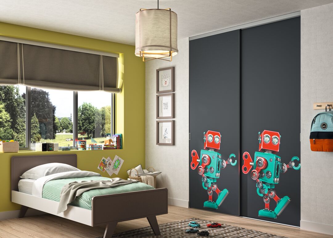 Porte de placard sur-mesure Ykario modèle PIXO avec toile tendue personnalisée décor ROBOT