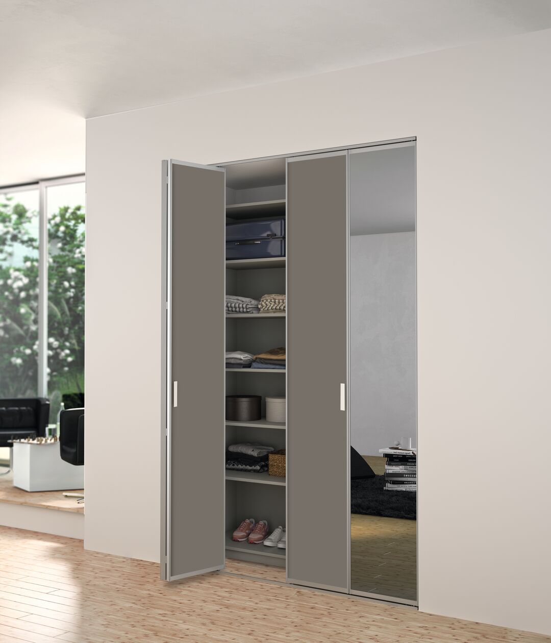 Porte de placard pliante sur-mesure Classic d'YKARIO - porte double ouverte