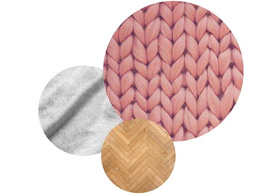Textures authentique laine rose, tissu gris, parquet chevron